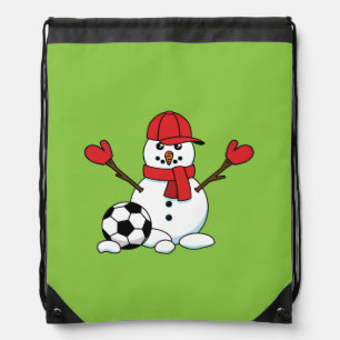 Funny Snowman with Soccer Ball Drawstring Bag