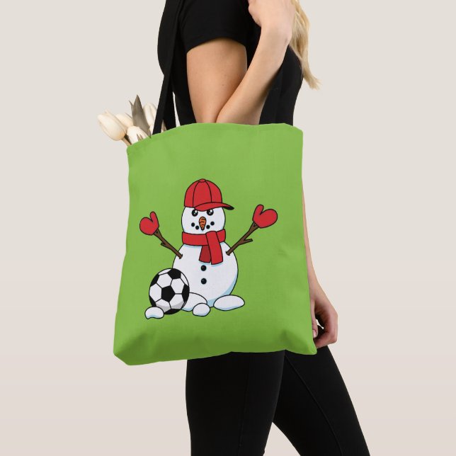 Funny Snowman with Soccer Ball Tote Bag (Close Up)