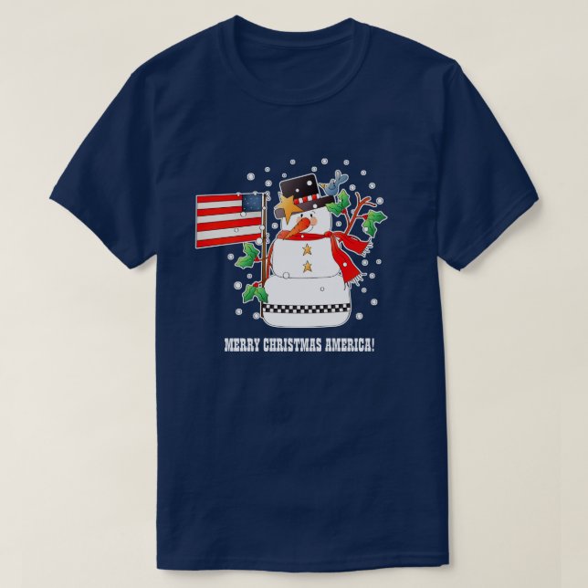 Funny Snowman with US flag Christmas T-Shirt (Design Front)