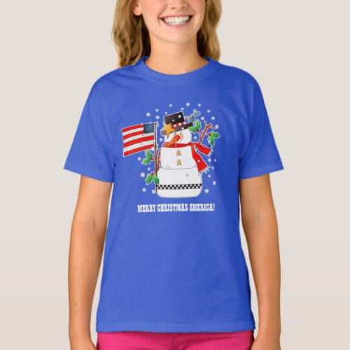 Funny Snowman with US flag Christmas T_Shirts