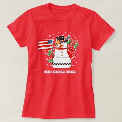 Funny Snowman with US flag Christmas T_Shirts