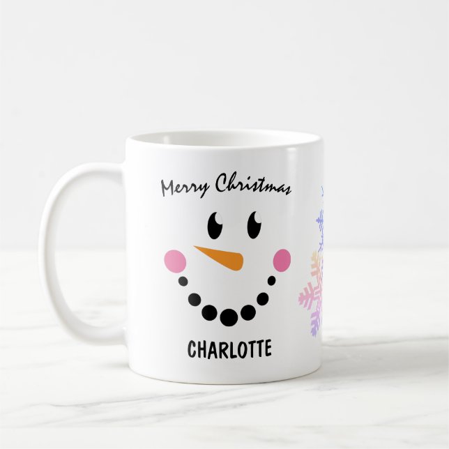 Funny Snowman's Face, Pink Cheeks, Merry Christmas Coffee Mug (Left)
