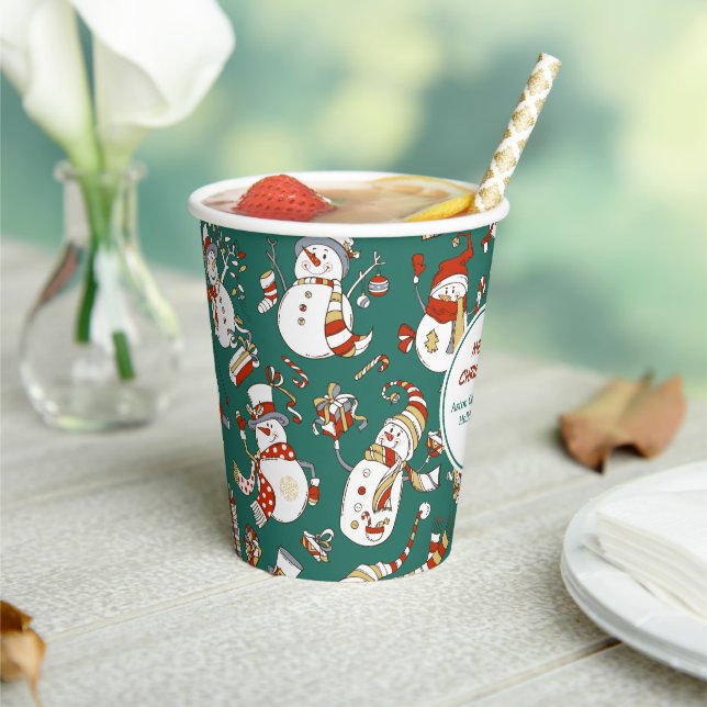 Funny Snowmen Holiday Pattern on Teal Paper Cups (Insitu)