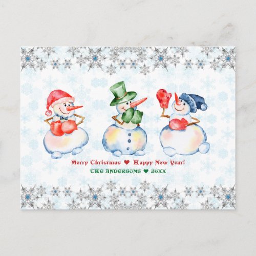 Funny Snowmen Merry Christmas Crystals Snowflakes Postcard