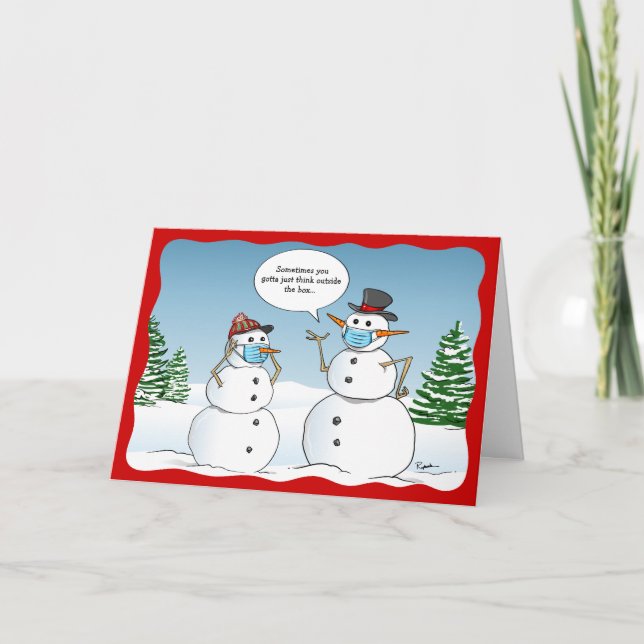 Funny Snowmen Think Outside the Box Christmas Holiday Card (Front)