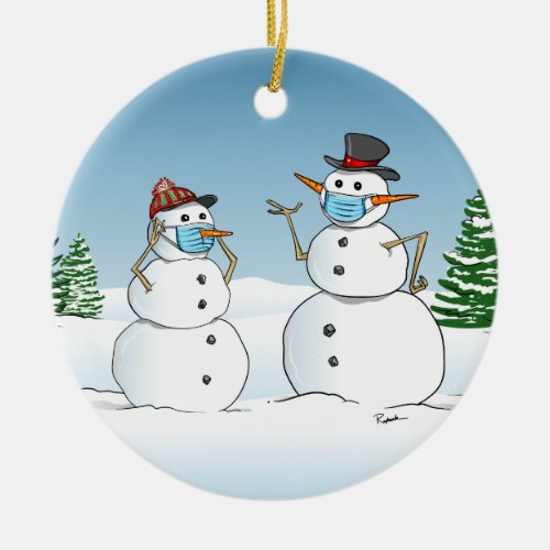 Funny Snowmen Wearing Face Masks Christmas Ceramic Ornament