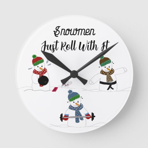 Funny Snowmen Working Out  Round Clock