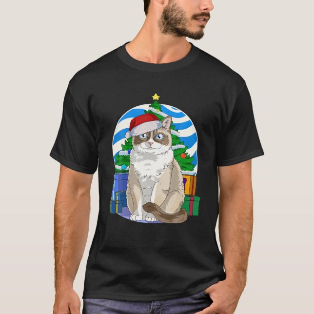 Funny Snowshoe Cat Santa Christmas Tree Decor T-Shirt (Front)