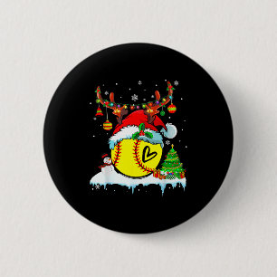Funny Softball Christmas Reindeer Santa Hat Lights Button