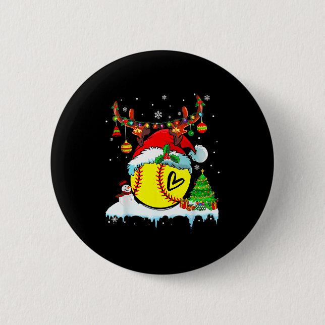 Funny Softball Christmas Reindeer Santa Hat Lights Button (Front)