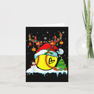 Funny Softball Christmas Reindeer Santa Hat Lights Card