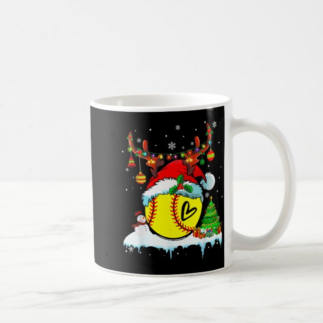 Funny Softball Christmas Reindeer Santa Hat Lights Coffee Mug (Right)