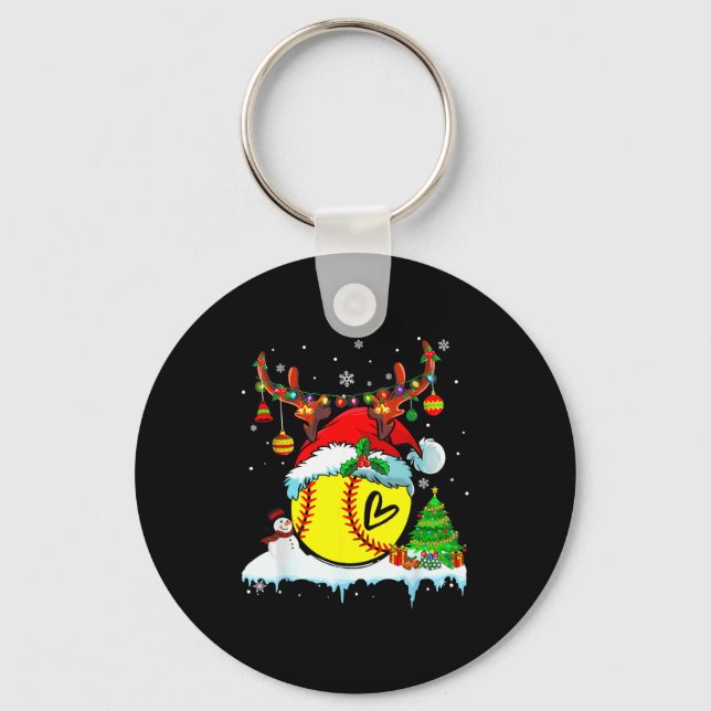 Funny Softball Christmas Reindeer Santa Hat Lights Keychain (Front)