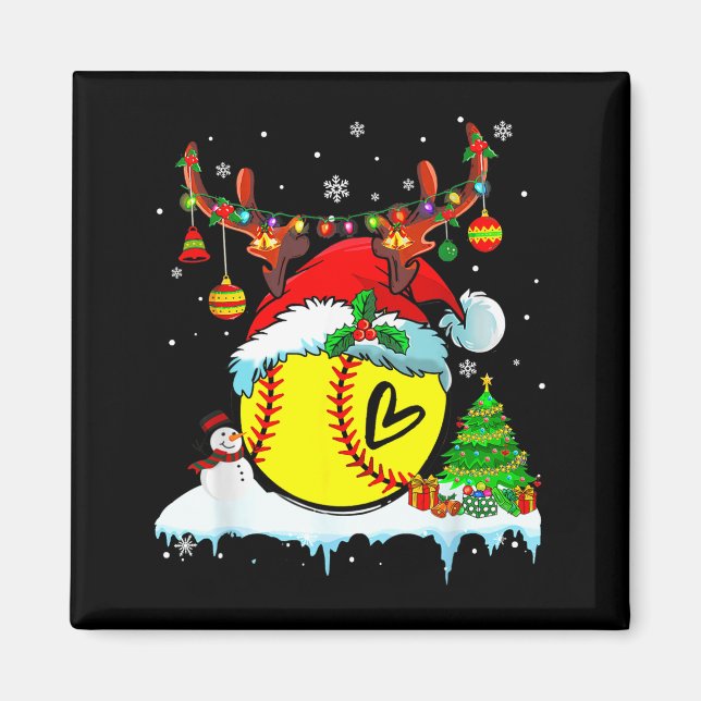 Funny Softball Christmas Reindeer Santa Hat Lights Magnet (Front)