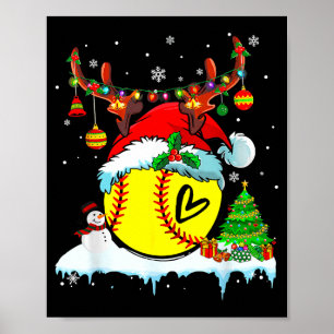 Funny Softball Christmas Reindeer Santa Hat Lights Poster