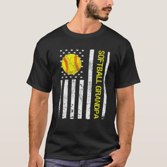Funny Softball Grandpa American USA Flag T-Shirt (Front)