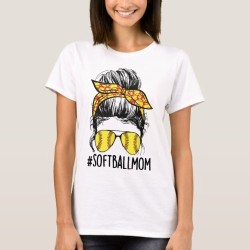 Funny Softball Mom Messy Bun Mama Mothers Day Spo T_Shirt