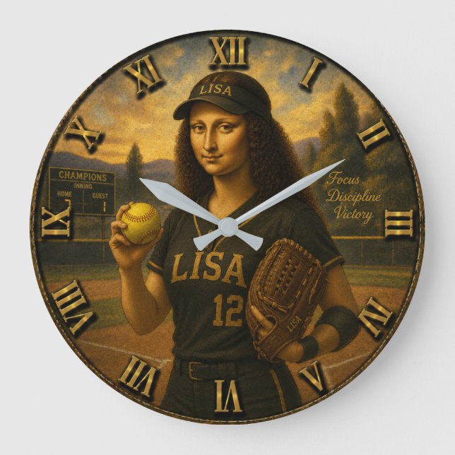  Funny Softball Mona Lisa Pitcher Gift  Large Clock (Front)