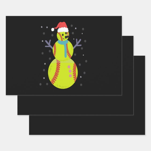 Funny Softball Snowman Christmas New Year Gift Wrapping Paper Sheets (Set)