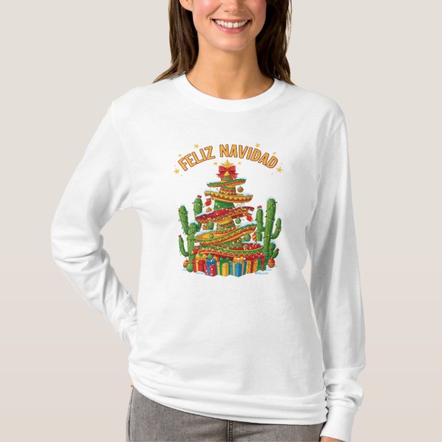 Funny Sombrero Stack Christmas Tree Feliz Navidad T-Shirt (Front)