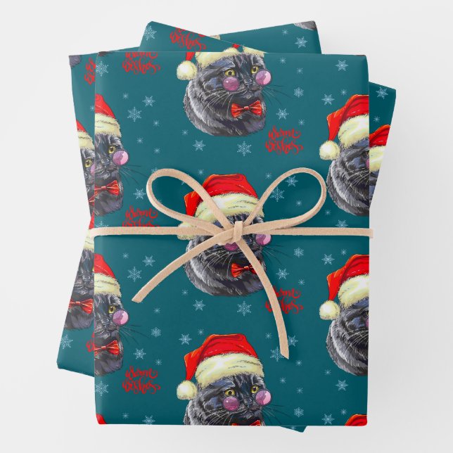 Funny Sophisticated Santa Hat Cat Wrapping Paper Sheets (In situ)