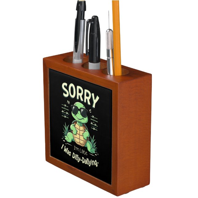 Funny Sorry I’m Late Turtle with Retro Aesthetic Desk Organizer (In Situ)