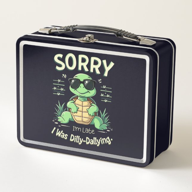 Funny Sorry I’m Late Turtle with Retro Aesthetic Metal Lunch Box (Front)