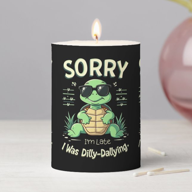 Funny Sorry I’m Late Turtle with Retro Aesthetic Pillar Candle (In Situ)