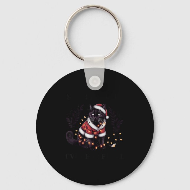 Funny Sorry Santa I've Been Feral Black Cat Christ Keychain (Front)