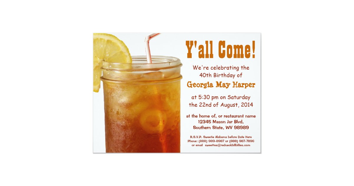Funny Southern Sweet Tea Birthday Party Invitation
