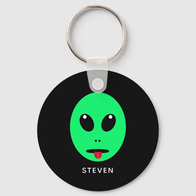 Funny Space Alien Black Green Personalized Keychain (Front)