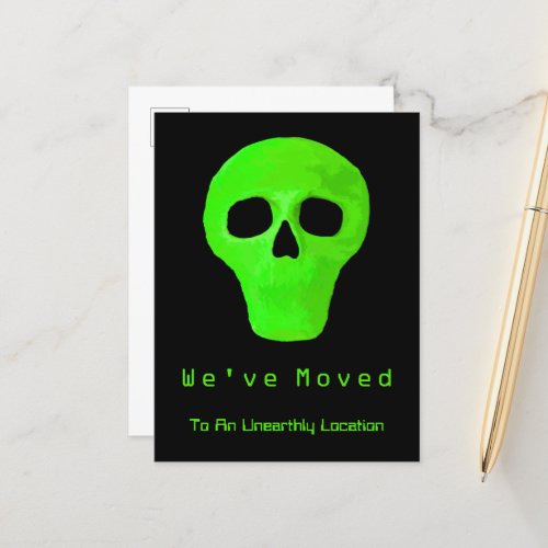 Funny Space Alien Face Green Black Moving Announcement Postcard