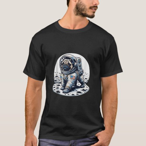 Funny Space Astronaut Pug Dog Walking On Moon Pupp T_Shirt