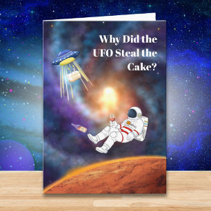 Funny Space Birthday UFO Stealing Cake, Astronaut  Card