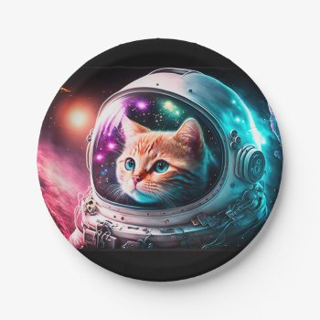 Funny Space Cat Astronaut Kitty Galaxy Universe Paper Plates by azlaird at Zazzle