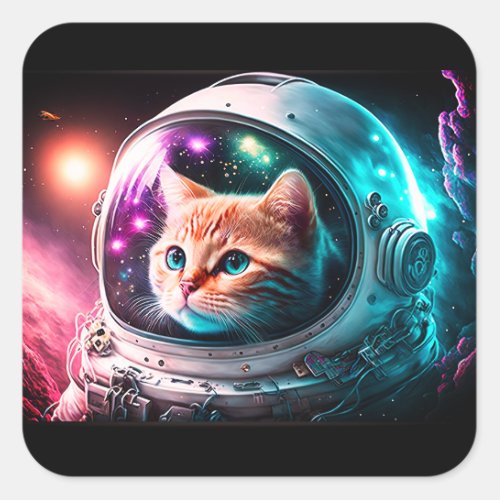 Funny Space Cat Astronaut Kitty Galaxy Universe Square Sticker