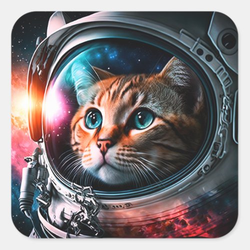 Funny Space Cat Astronaut Kitty Galaxy Universe Square Sticker