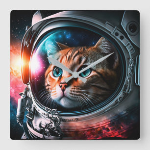 Funny Space Cat Astronaut Kitty Galaxy Universe Square Wall Clock