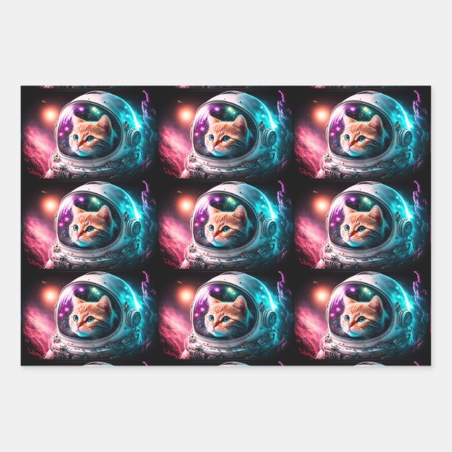 Funny Space Cat Astronaut Kitty Galaxy Universe Wrapping Paper Sheets (Front)