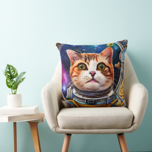 Funny Space Cat Astronaut Throw Pillow