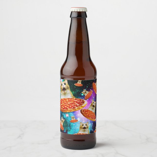 Funny space pizza cat beer bottle label (Front)