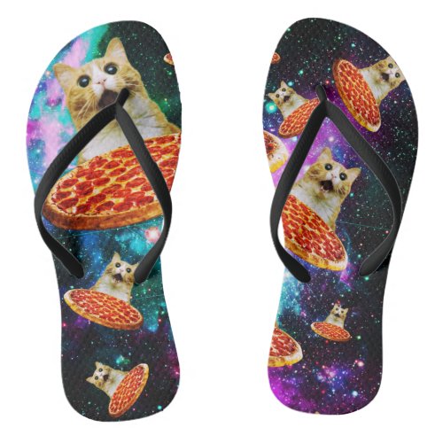 Funny space pizza cat flip flops