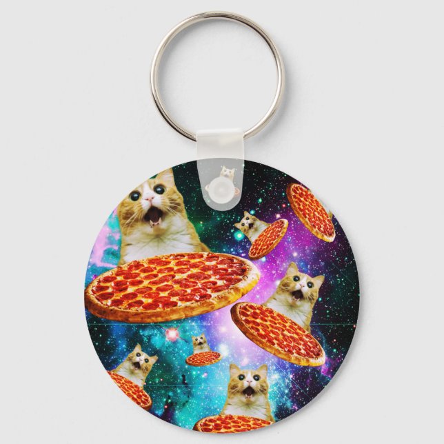 Funny space pizza cat  keychain (Front)