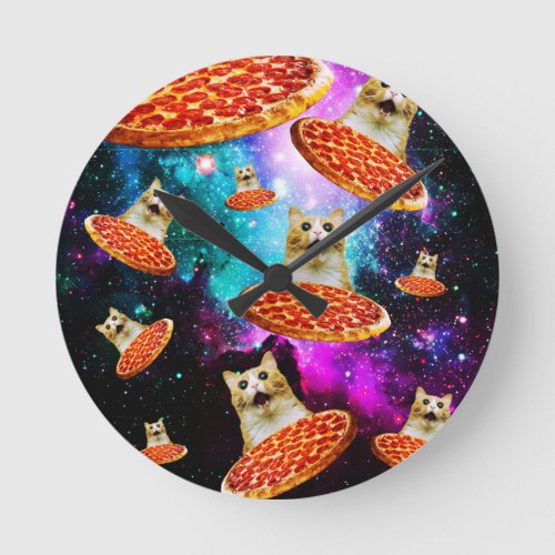 Funny space pizza cat round clock