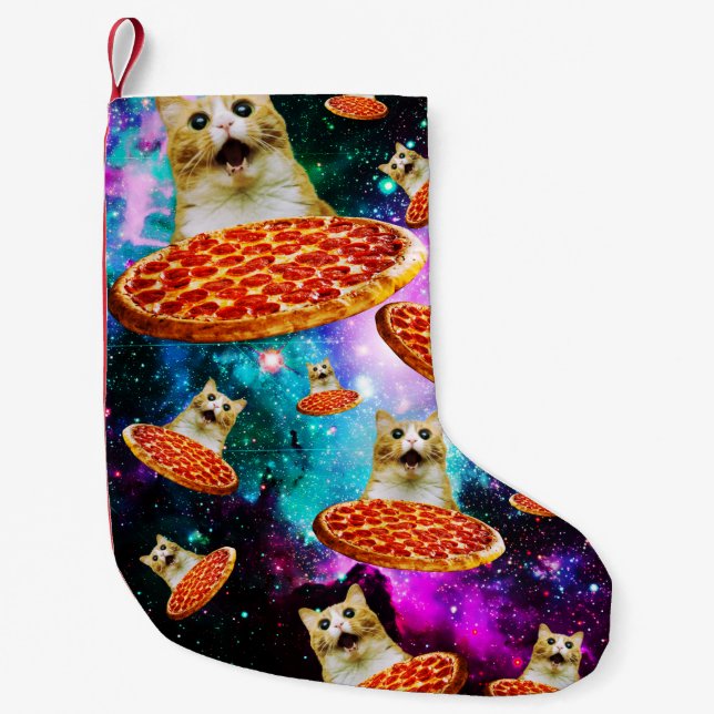Funny space pizza cat small christmas stocking (Front)