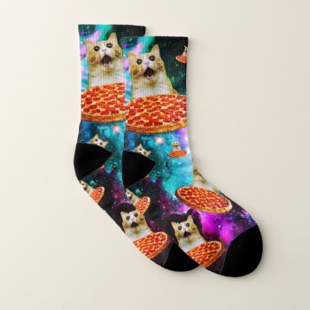 Funny Space Pizza Cat Socks by jahwil at Zazzle