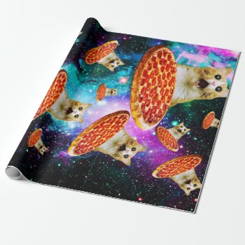 Funny Space Pizza Cat Wrapping Paper by jahwil at Zazzle