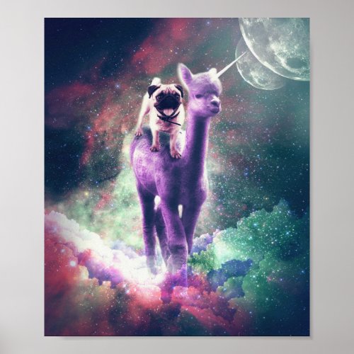 Funny Space Pug Riding On Alpaca Unicorn Poster