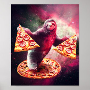 Funny Space Sloth With Pizza Poster
