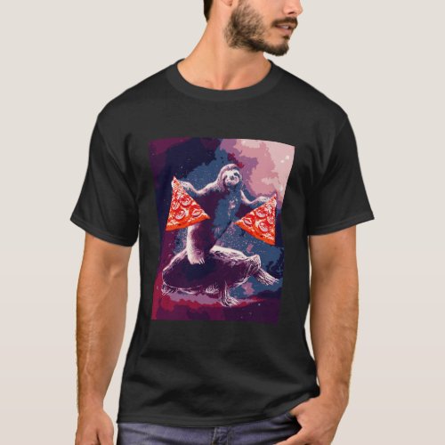 Funny Space Sloth With Pizza Riding On Turtle T_Shirt